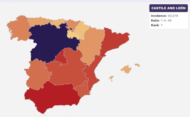 Mapa de distribución del apellido Sánchez en España. 